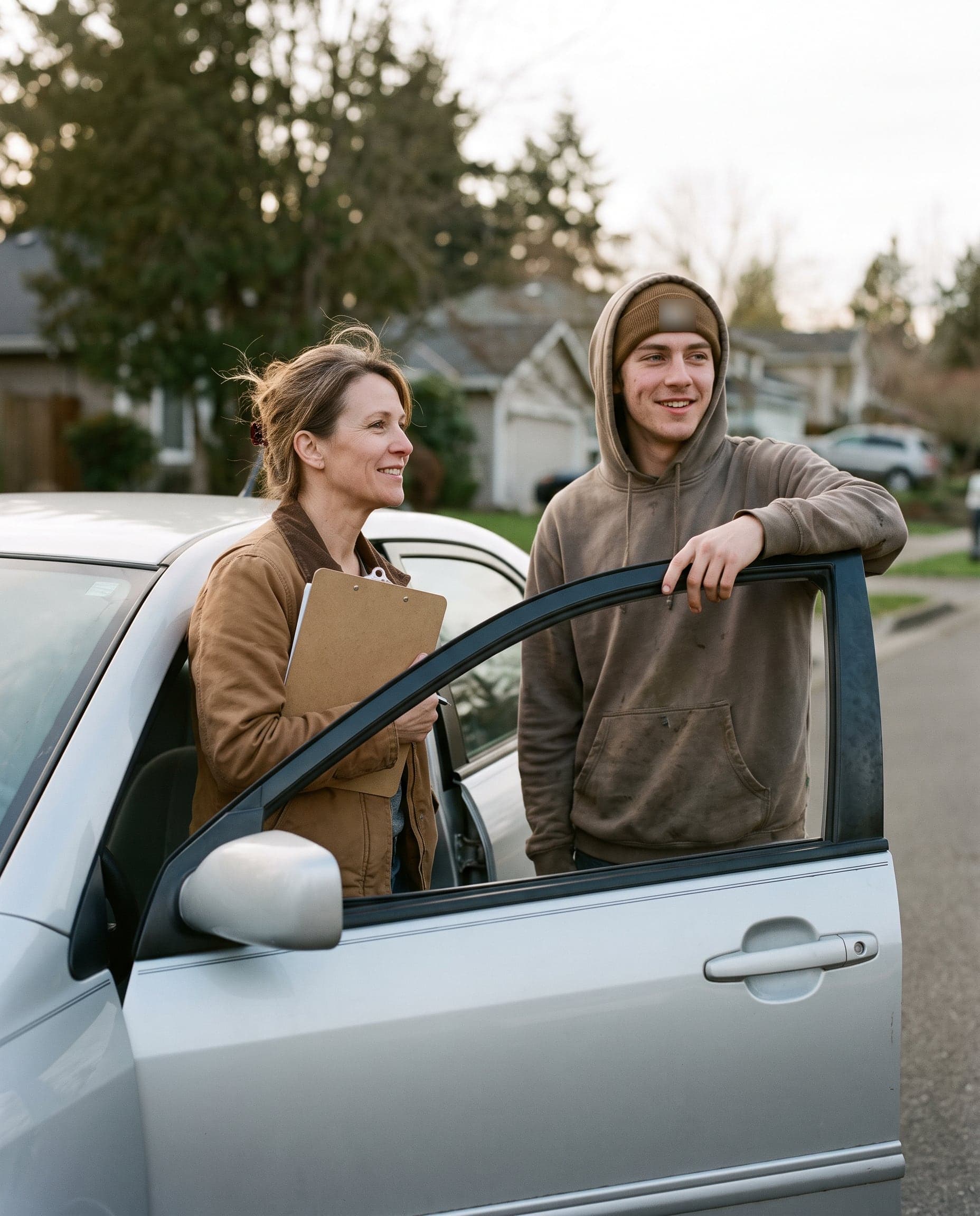A driving instructor with a clipboard and a learner talking beside a training car on a residential street